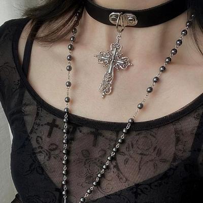 Gothic Y2K Baroque Cross Pendant Choker Black Velvet Rosary Beads Layered Necklacefor Women Aesthetic Jewelry Cosplay Party Gift