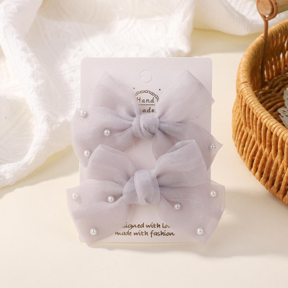 2Pcs/Set Pearl Bows Hair Clips Cute Sweet Girls Side Clip Solid Color Hairpin Handmade with Bow Hair Accessories Headdress Gifts