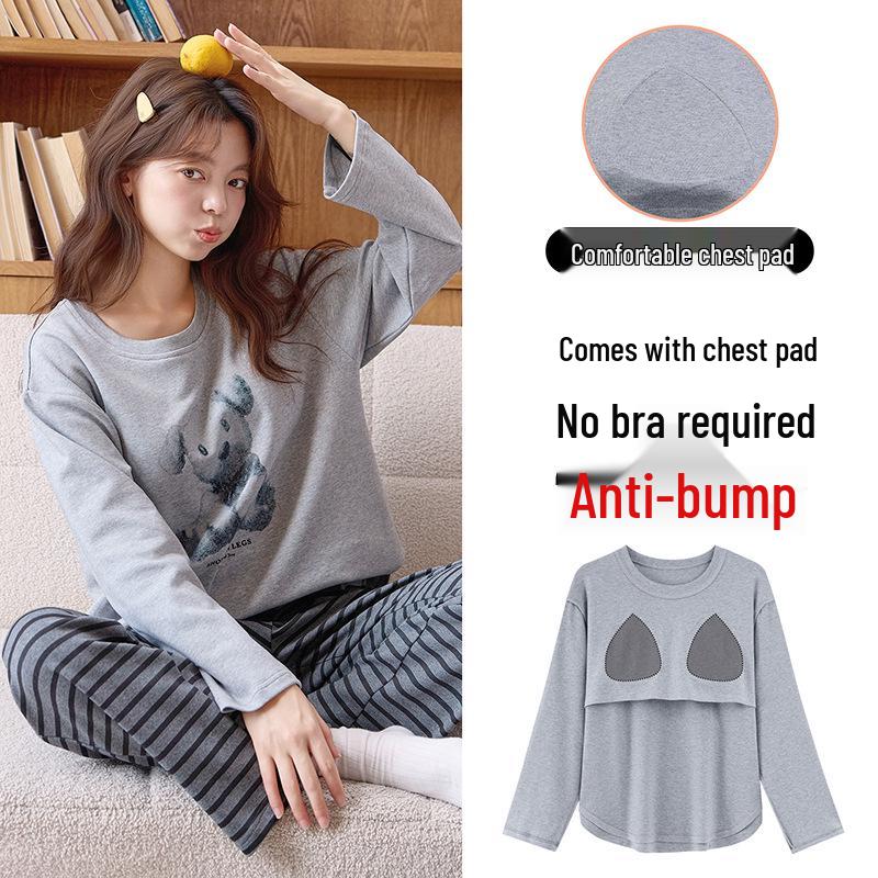 Piżama damska z długim rękawem i nadrukiem w kreskówkowe wzory, z wkładką na klatkę piersiową – uroczy komplet z okrągłym dekoltem do noszenia w domu lub na okrycia wierzchnie wiosną, jesienią i zimą