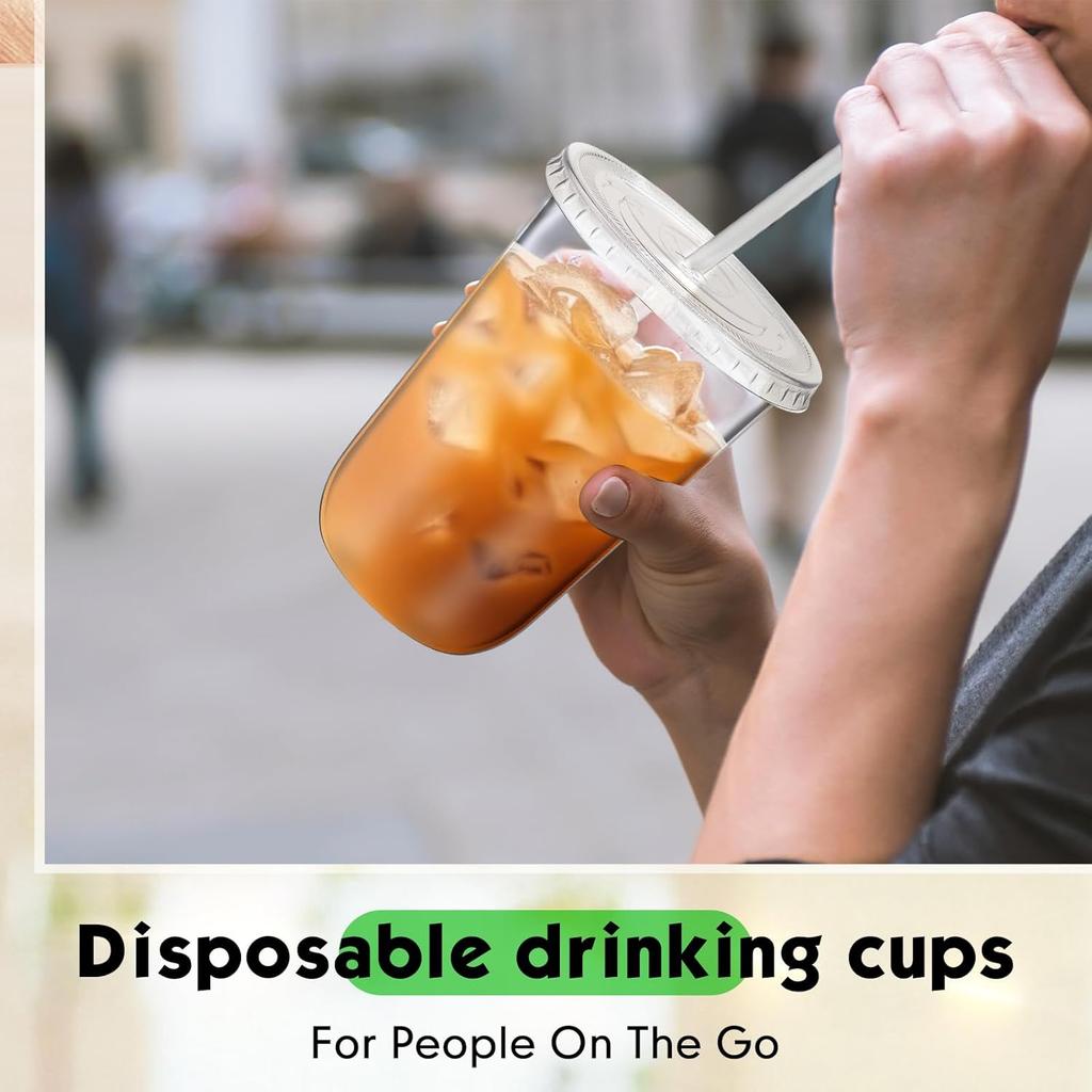 50 Sets Clear Plastic Cups with Lids and Straws, Disposable Iced Coffee Cups Clear Drinking Cups for Cold Drinks, Juice, Smoothie, Clear PET Cup for