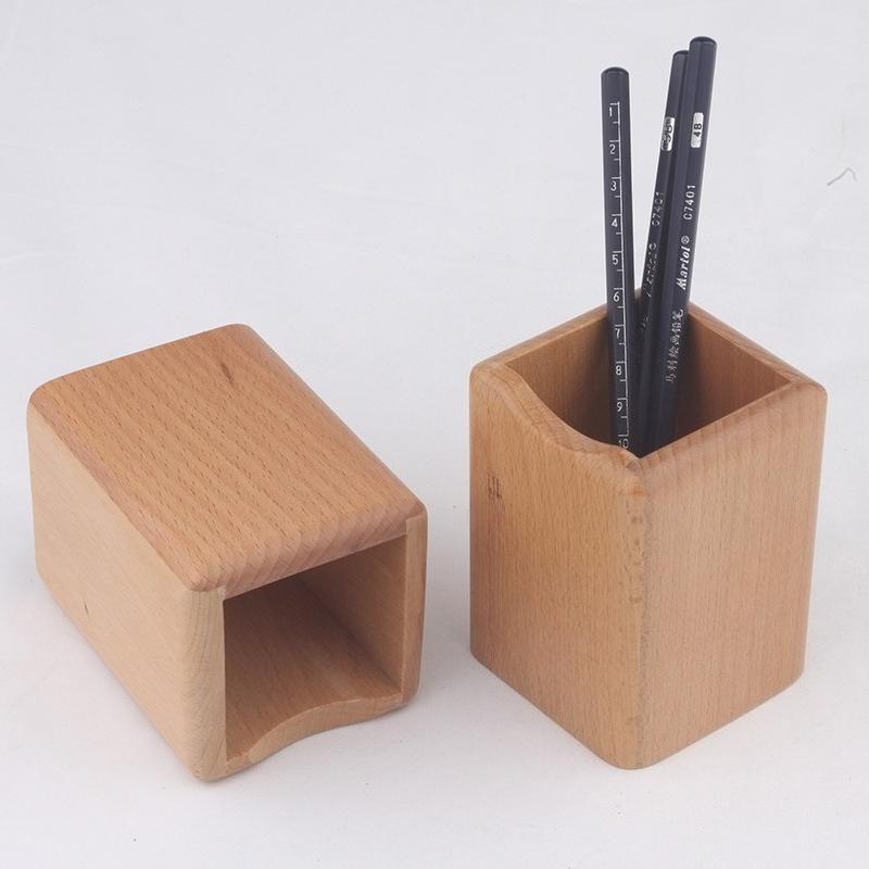 Pencil Holder Office Desk Wood Square/Round/Hexagon Pen Holder Pen Pot Cup Case Container Stationery Storage Organiser Supplies