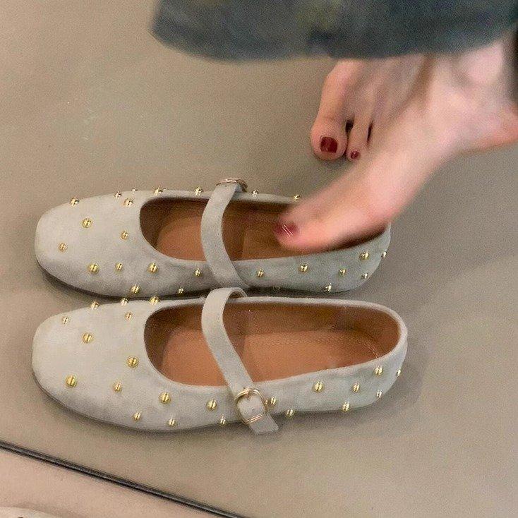 Weiche Lederversion~ Mary Jane Schuhe mit eckiger Spitze im Feenwindstil, Damen flachmündig mit Ein-Wort-Schnalle, Nieteneinschuhe, sanftes Temperament, Abendschuhe