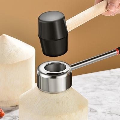Stainless Steel Coconut Opener Tools Wooden Handle Rubber Hammer Coconut Puncher Heavy Duty Multi-functional Hand Hole Puncher