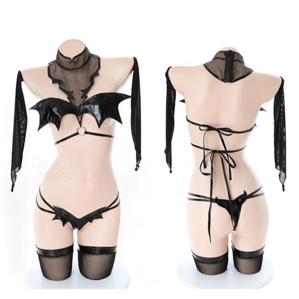 Women's Japanese Style Devilish Roleplay Costume - Patent Leather Lingerie Set for Clubwear & Cosplay