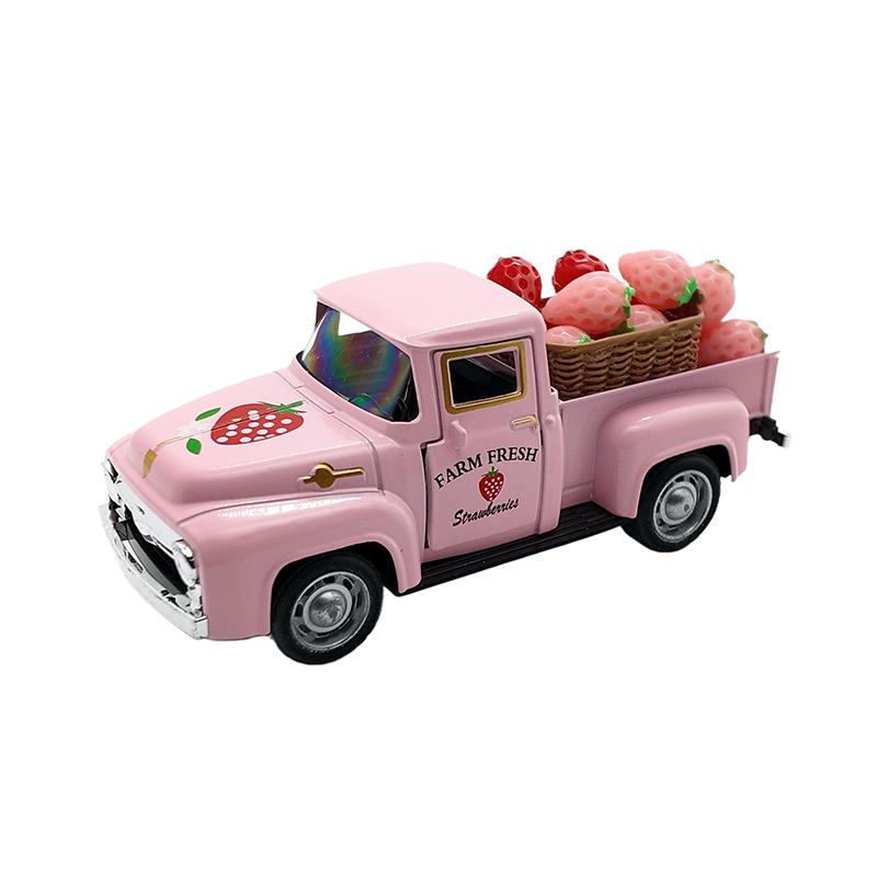 

Strawberry Decor 5 Inch Vintage Truck With Mini Fake Strawberries And Wooden Crate Farmhouse Tiered Tray Decor рожевий