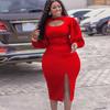 Large Size Women's Clothing Autumn New Fashion Temperament Hollow Long-sleeved Split-ended Solid Color Dress