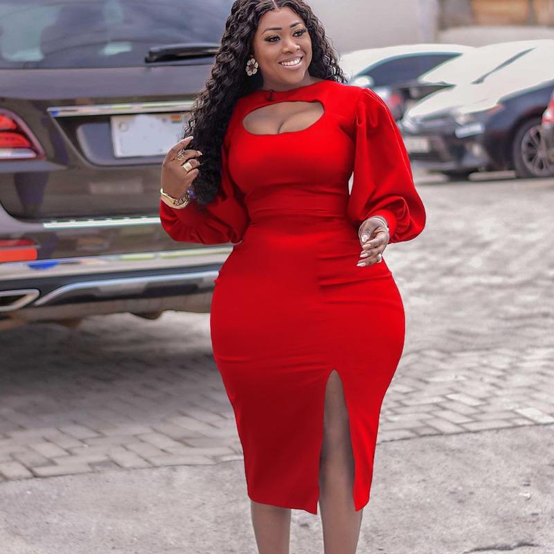 Large Size Women's Clothing Autumn New Fashion Temperament Hollow Long-sleeved Split-ended Solid Color Dress