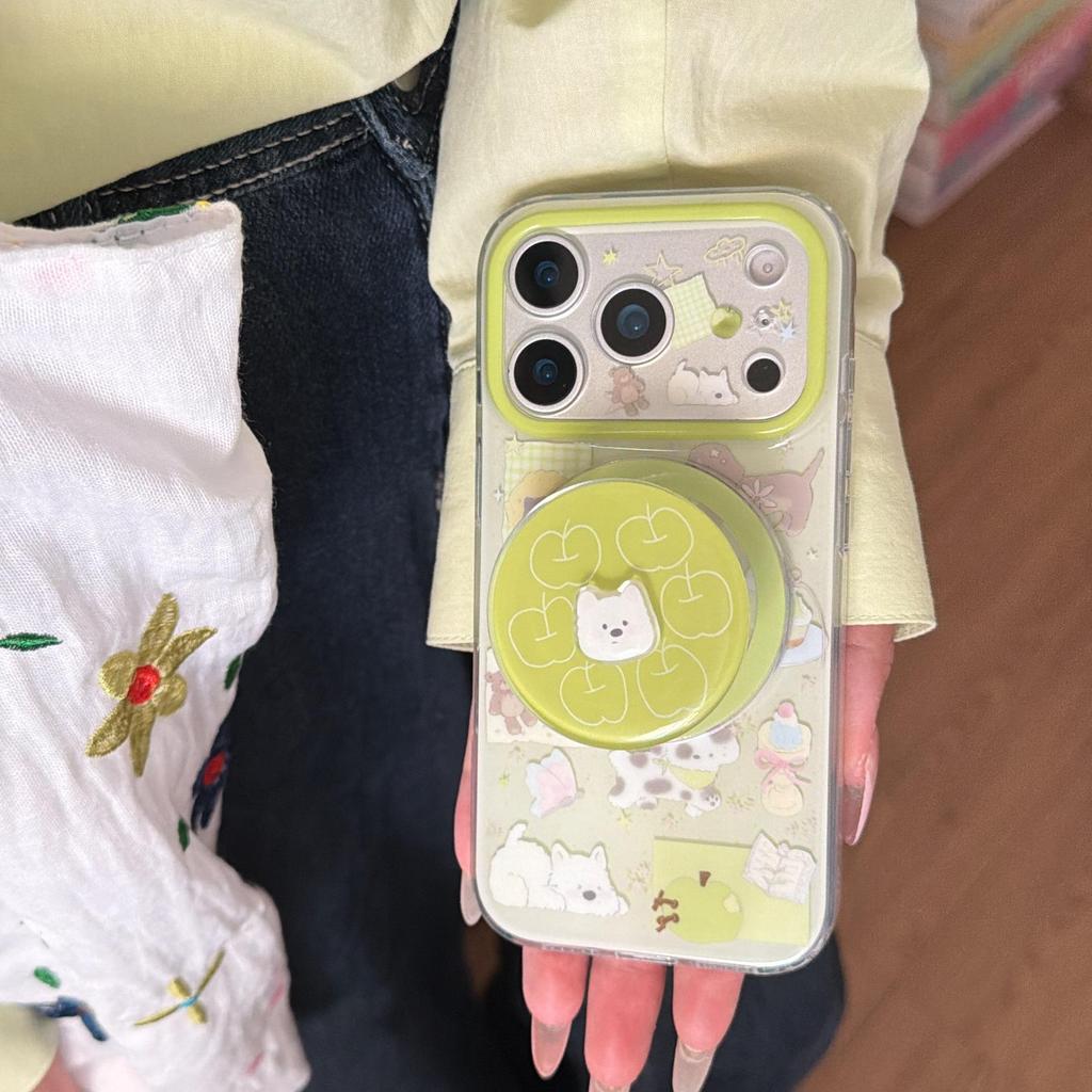 Cute Green Apple Kitty Puppy iPhone 16/15/17 Pro Max Case for Women