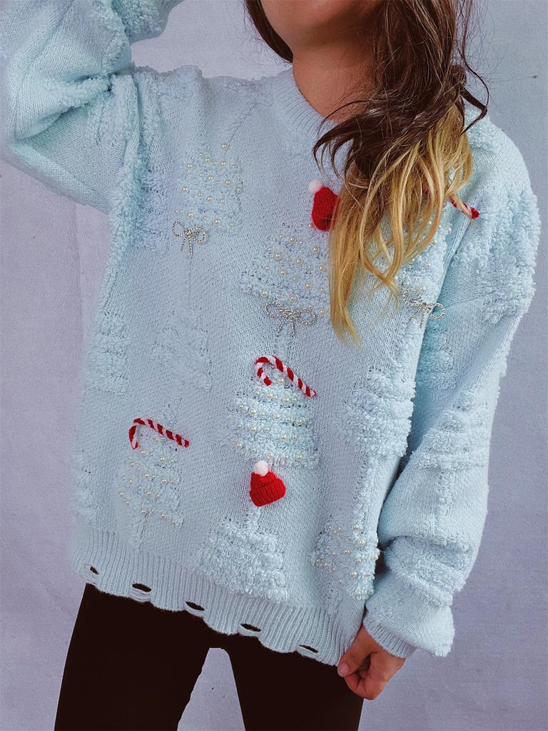 Solid color handmade pearl Christmas three-dimensional decoration plush New Year sweater Christmas sweater 3612 EMA