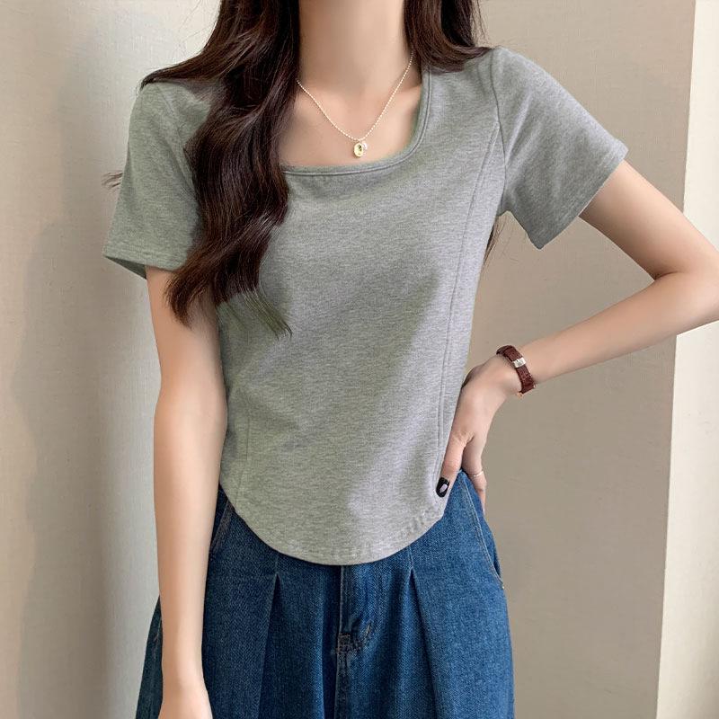 Dámský korejský letní top 2024 zeštíhlující čtvercový výstřih rybí kost krátký rukáv