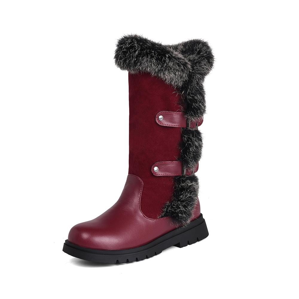 Small Plus Size 28-43 Women's Faux Fur Snow Boots Round Toe Buckles Thick Non-slip Sole Winter Warm Outdoor Mid Calf Boots Shoes