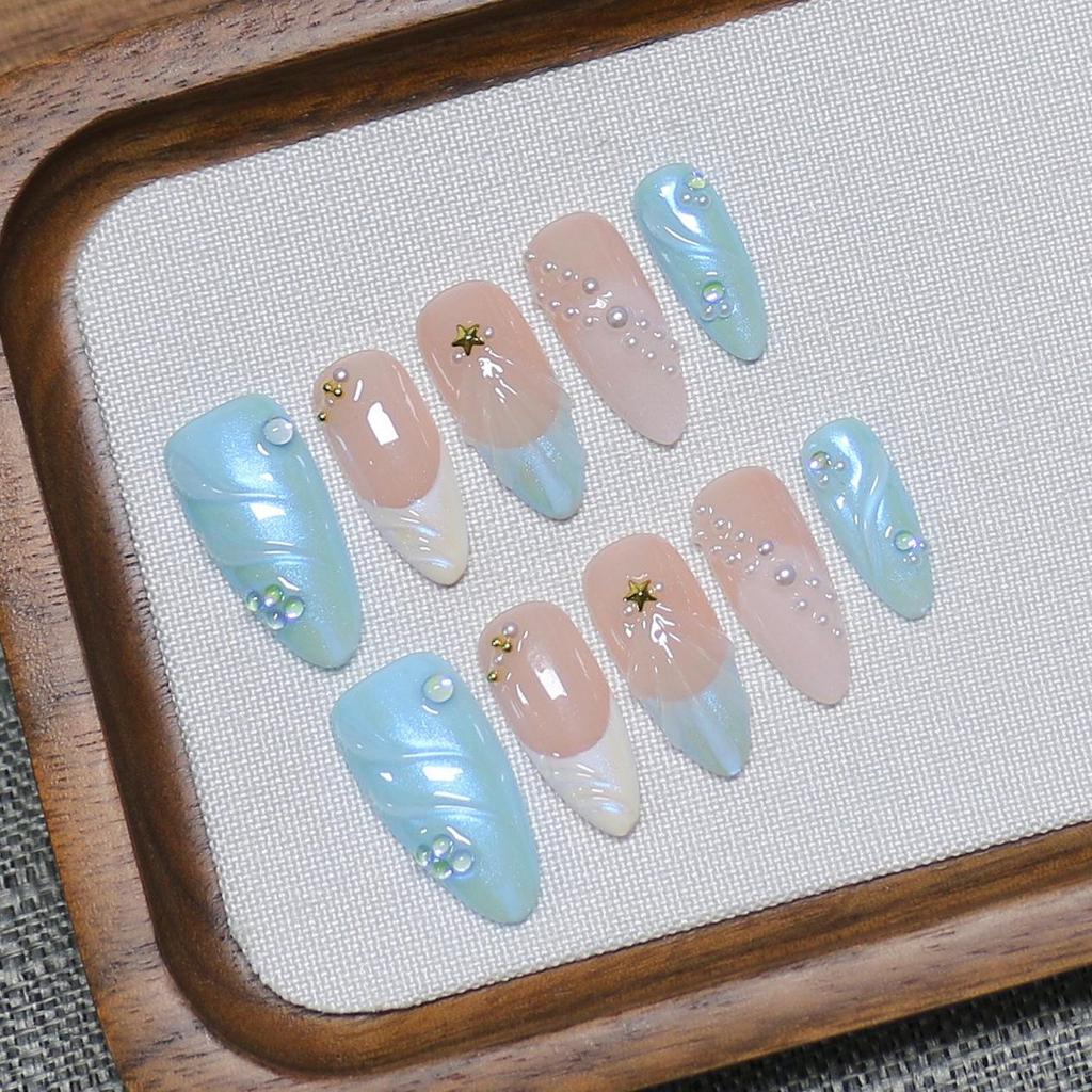 Hot-Selling Transparent Almond Manicure: Ocean Elements Medium-Length Whitening False Nails – Handmade, Detachable & Wearable