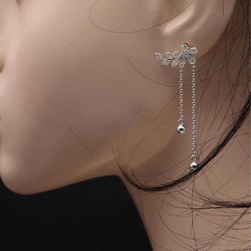 White Gold Exquisite Flower And Leaf Tassel Earrings With Cz Stone Embellishment