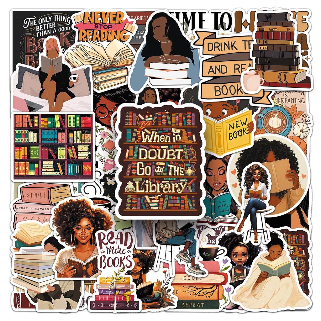 50 Sheets Black Girl Inspirational Reading Stickers - Waterproof Graffiti for Audio Desktops