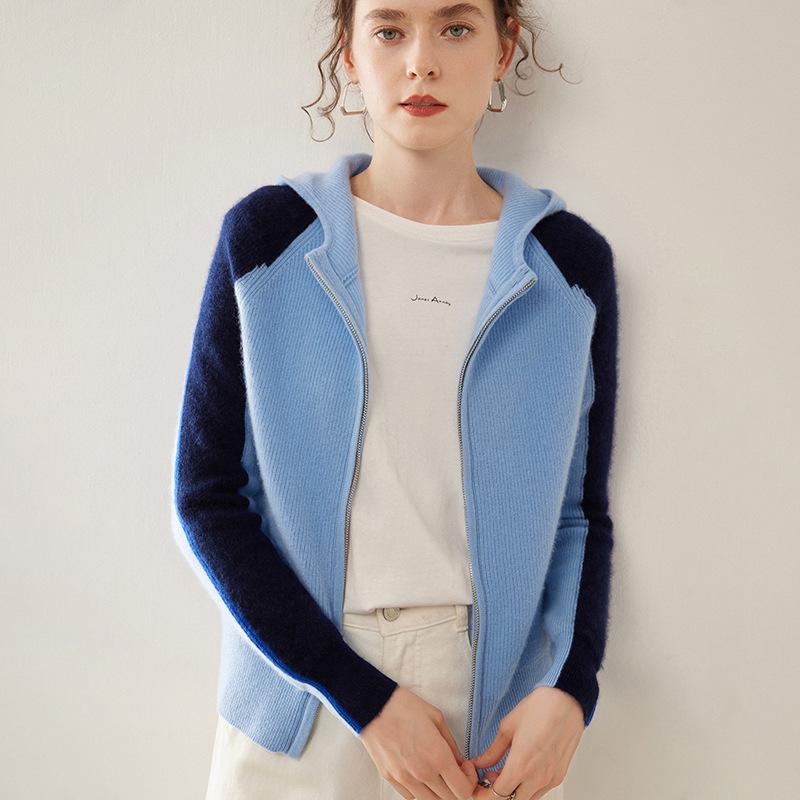 

Женский кашемировый кардиган с капюшоном в стиле колор-блок - Свитер в рубчик для осени/зимы L fits 115-130 lbs небесно-голубой