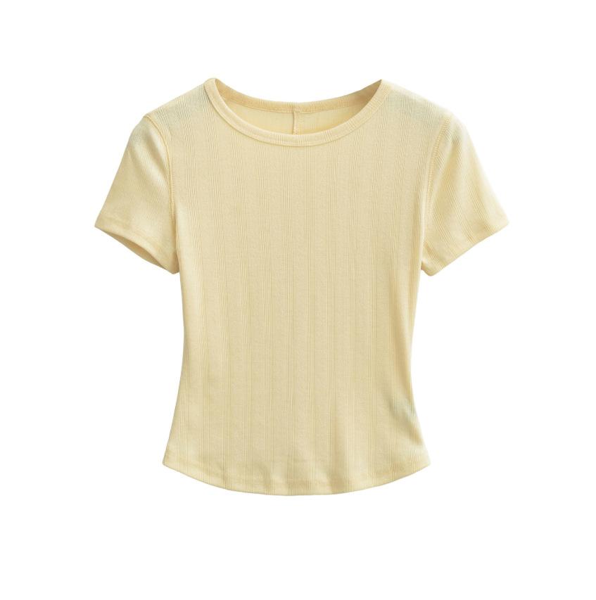 Jacquard Round Neck Short-sleeved T-shirt Women's Summer New American Spice Girl Style Solid Color Short Slim Bottoming Top