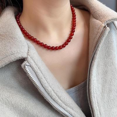 Natural Red Agate Beaded Necklace Women Vintage Round Carnelian Choker Necklaces Elegant Daily Wear Jewelry