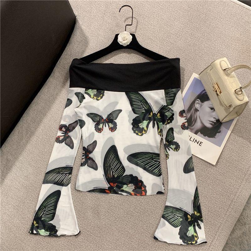 

Французский Зрелый Темперамент Знаменитость Одно плечо Расклешенный рукав Принт Бабочка Сетка Короткий топ XXL чёрный