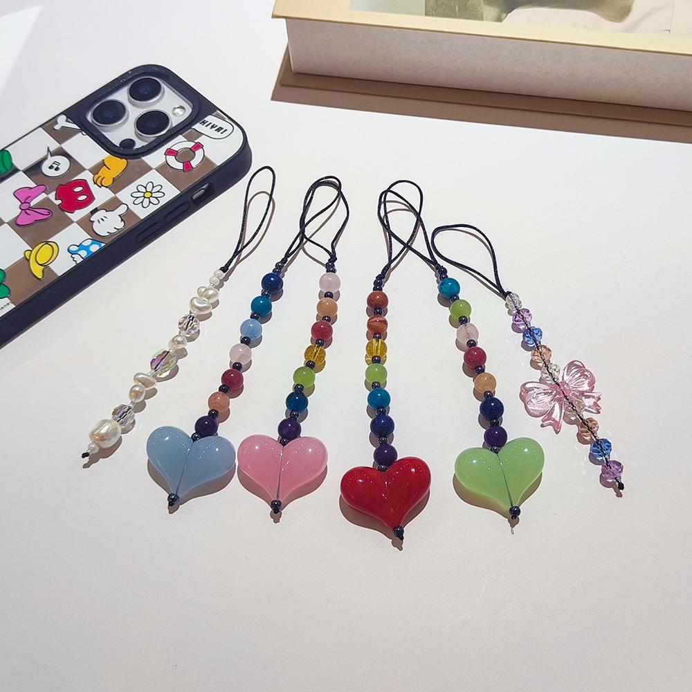 HERLOOK Phone Charm Love Heart Bowknot Pendant Simple Beaded Chain Cellphone Lanyard Trendy Women Y2K Accesories