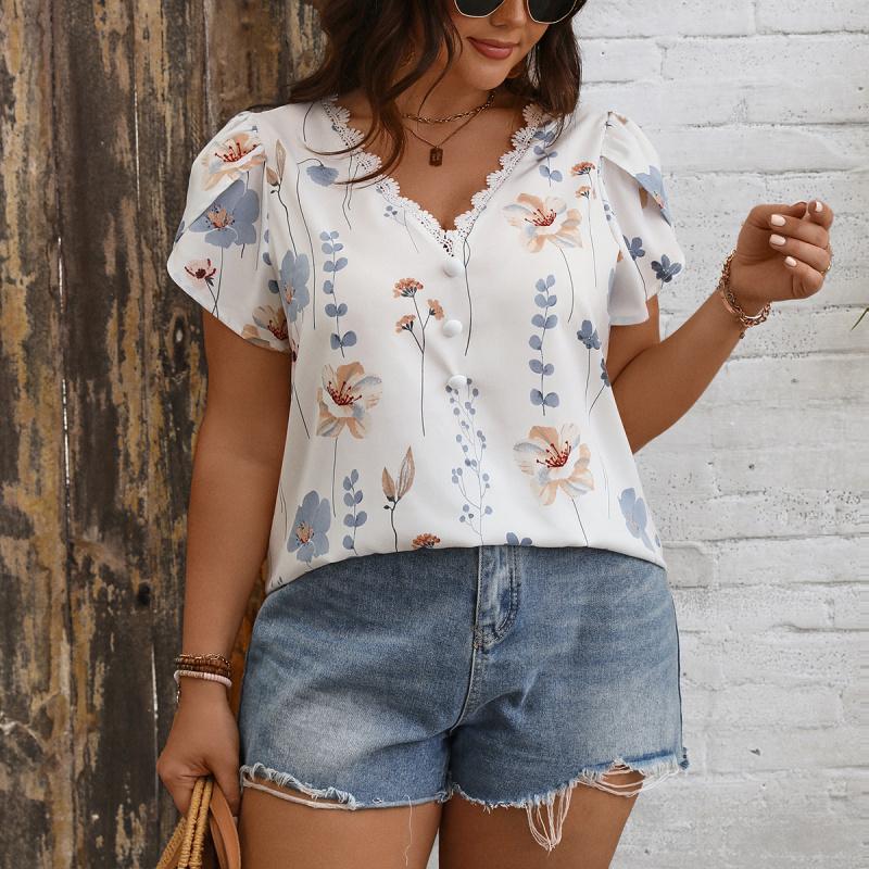 Plus Size Summer V Neck Lace Petal Sleeve Blouse Women Fashion Vintage Floral Print Button Casual Shirts Tops Female