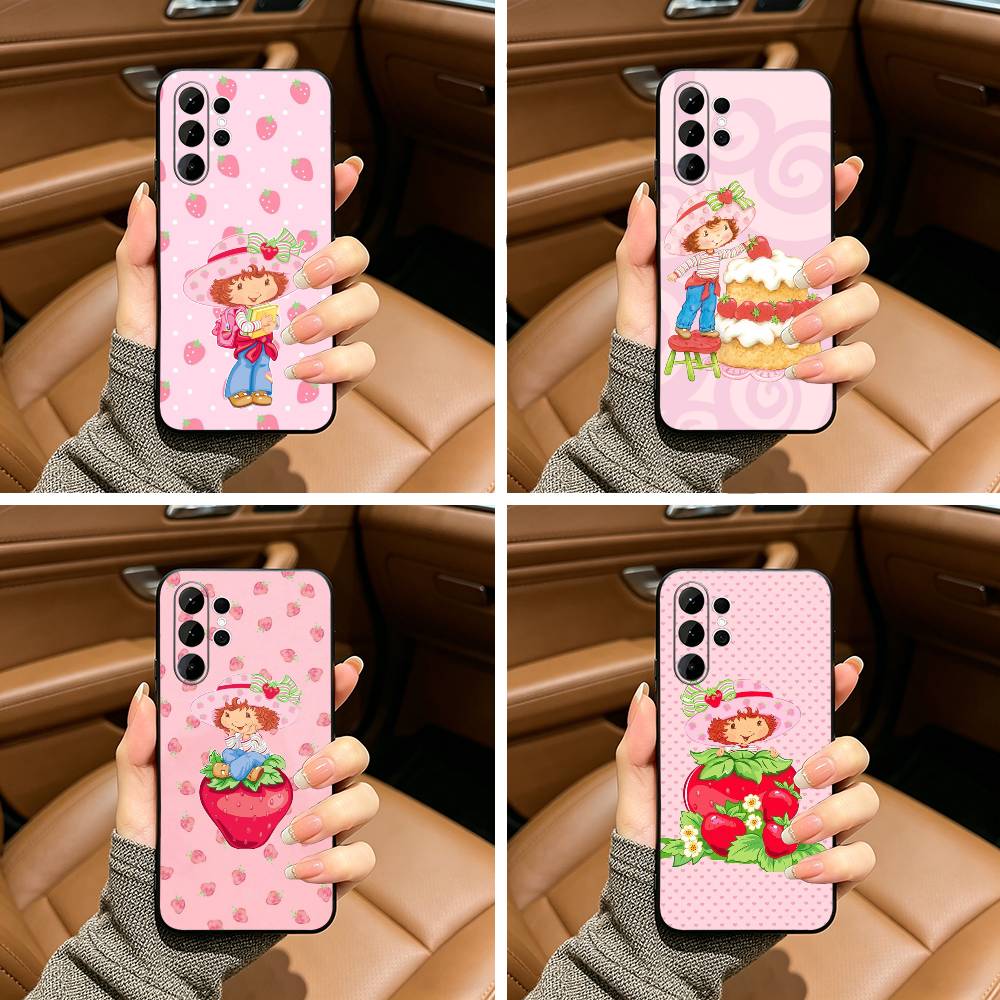 S-Strawberry-S- Shortcake Black Soft Silicone Phone Case for Samsung S25, S24, S21, S22, S23, S30, Ultra, S20, Plus, FE, Lite