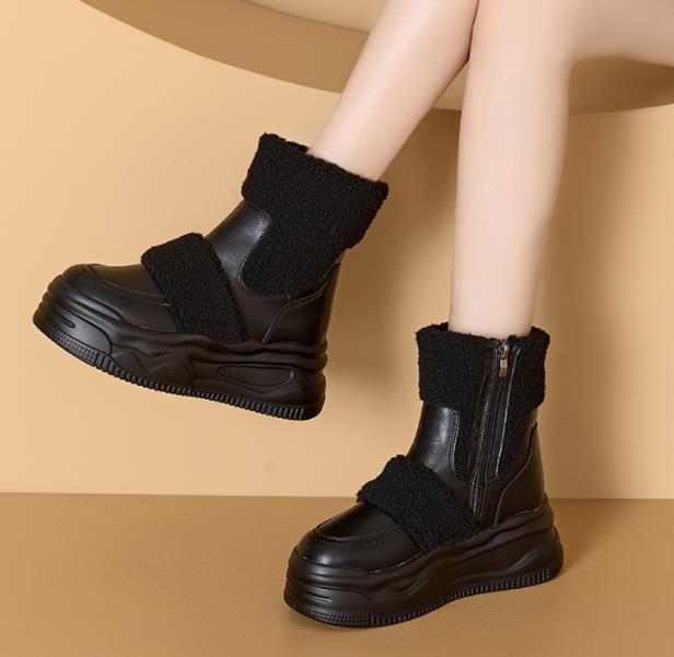 Fashion Top quality 8.5CM Genuine Leather Fashion Women Ankle Booties Platform Wedge Winter Plush Autumn Boots Spring Warm Shoes Chimney