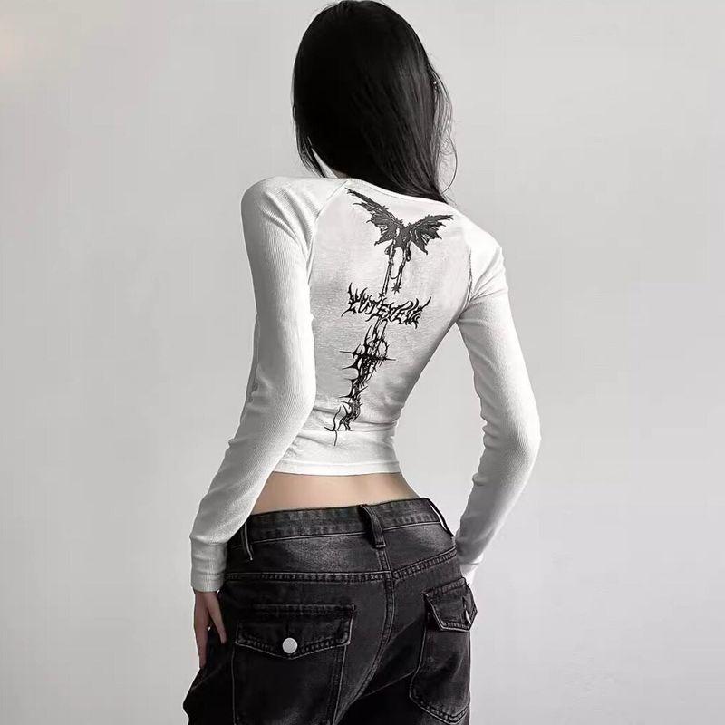 Personalized Printed Long-Sleeve Short T-Shirt for Women, Korean Style, Slim Fit, Regular Shoulder, Suitable for Spring and Autumn