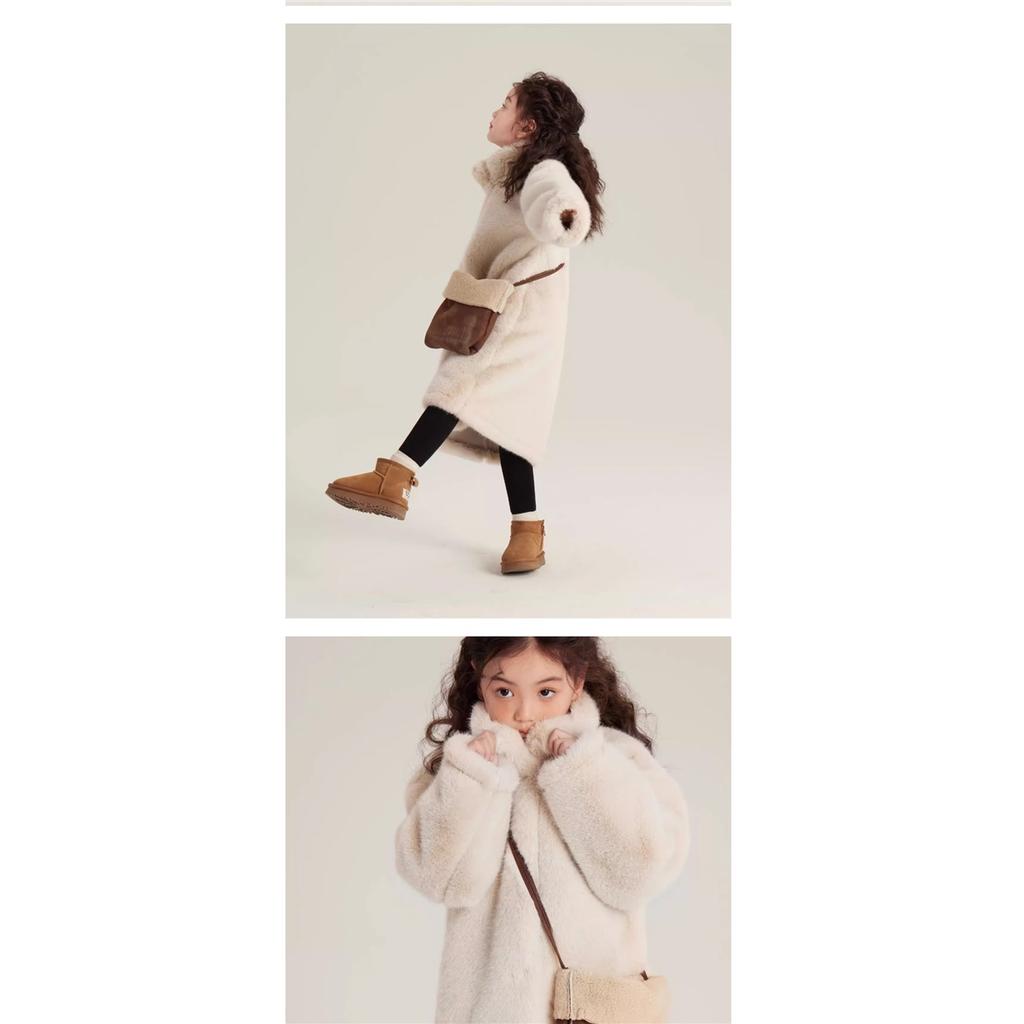 Girls Faux Fur Long Coat Stand Collar Plush Fleece Warm Thick Winter Kids Outerwear Full‑Zip Mid‑Length Fuzzy Overcoat For Little Girl