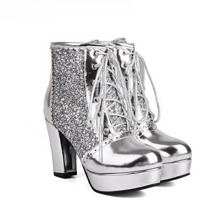 Autumn New Women Chunky High Heels Bling Party Ankle Chelsea Boots Gold Silver Red Black Big Size 34-48