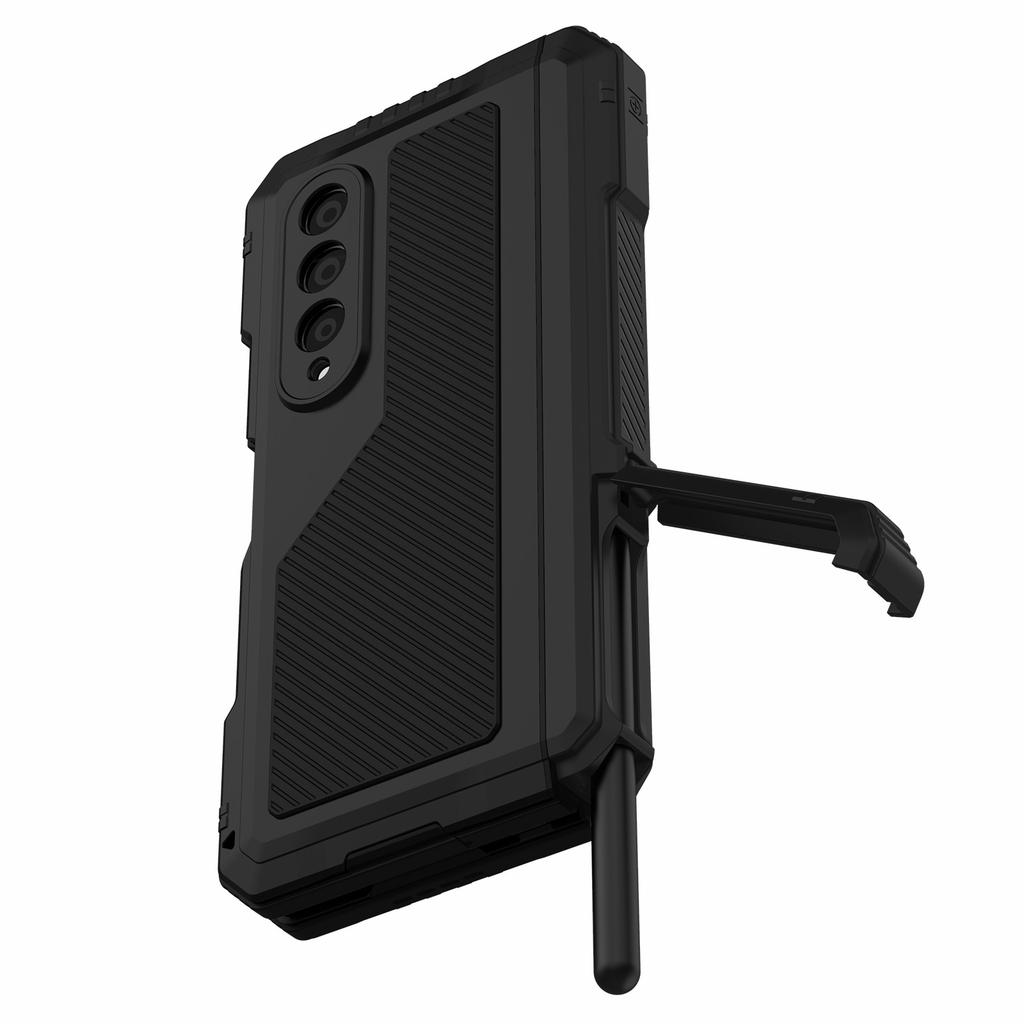 For Samsung Galaxy Z Fold4 5G Aluminium Alloy+Silicone Phone Case Shockproof Dustproof Kickstand Protective Cover with Screen Protector