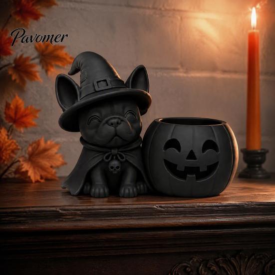 Festive Home Decorations Halloween French Bulldog Witch Statue, 3D Printed Pumpkin Candle Holder, Party Table Decor Cute Dog Figurine Tabletop
