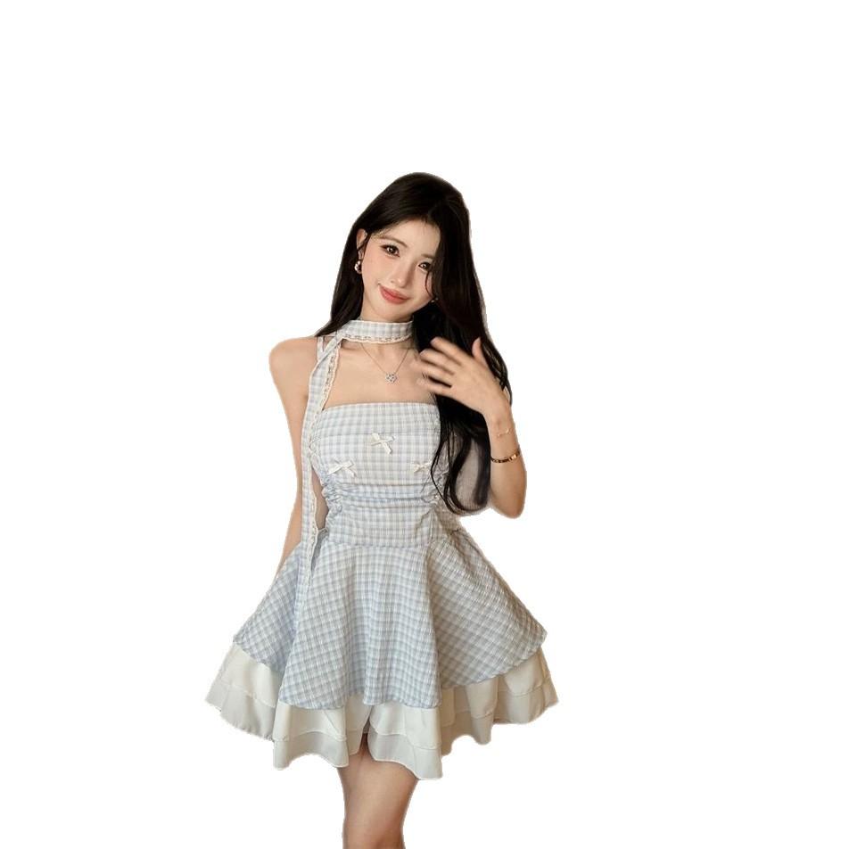 French Sweet Suspender Skirt Pure Desire Summer New Bow Neck Waist Fluffy Plaid Princess Skirt