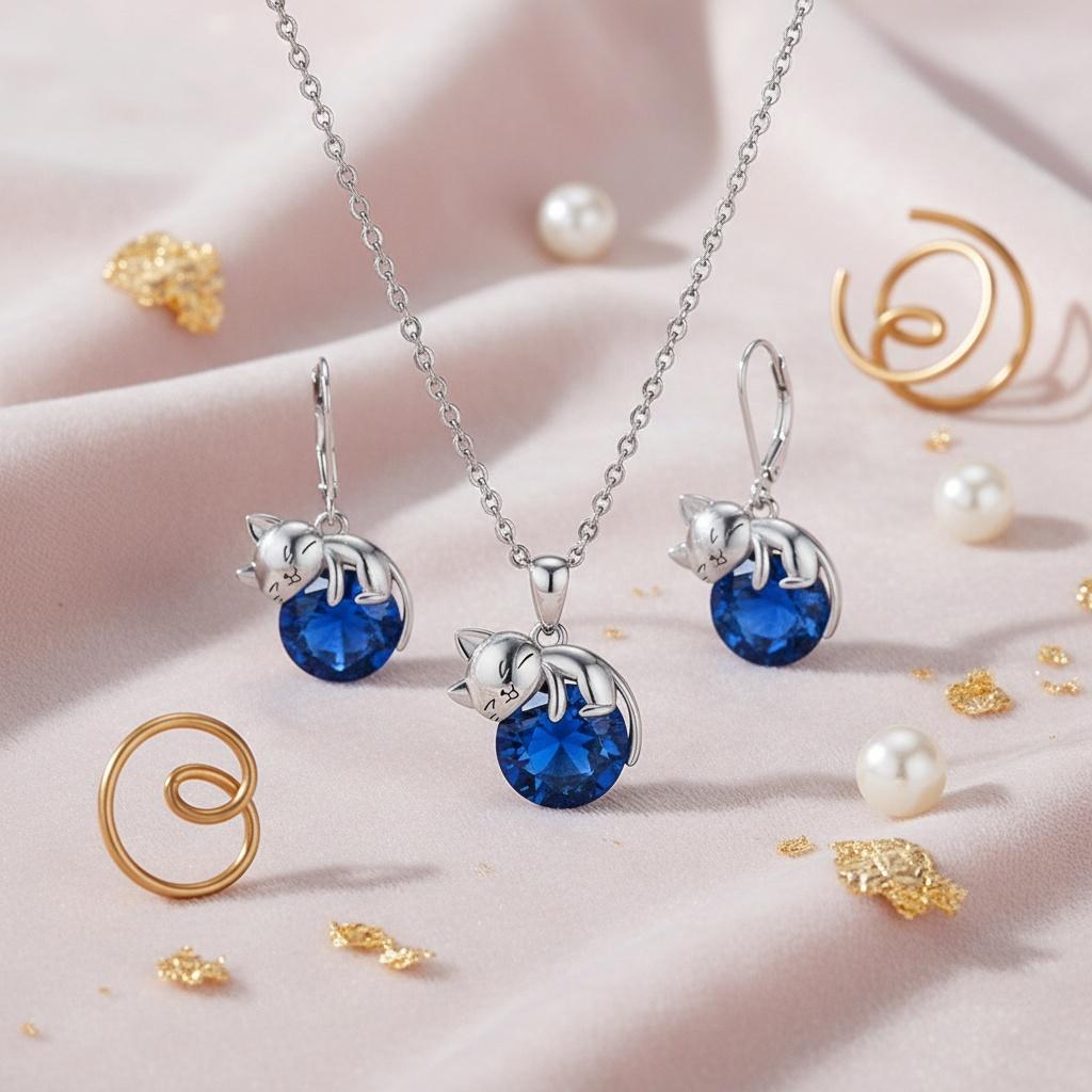 Silver Cat Necklace Pendant and Earrings Jewelry Set Is Suitable As a Gift for Women, with Crystal Zirconia, Perfect As an Accessory for Brides and