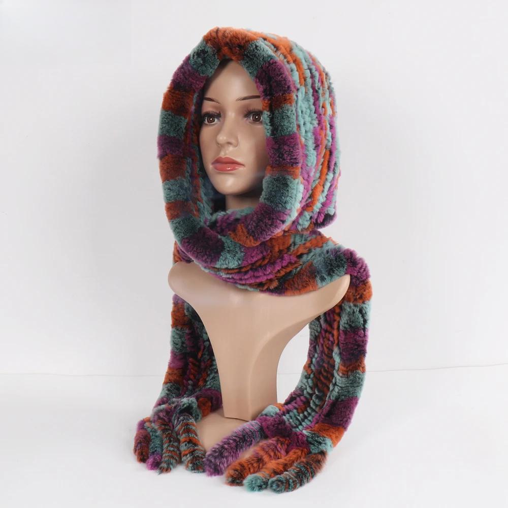 Winter Women Knitted Real Rex Rabbit Fur Hat Scarf Natural Soft Rex Rabbit Fur Hat Lady Warm Genuine Rabbit Fur Cap Scarves