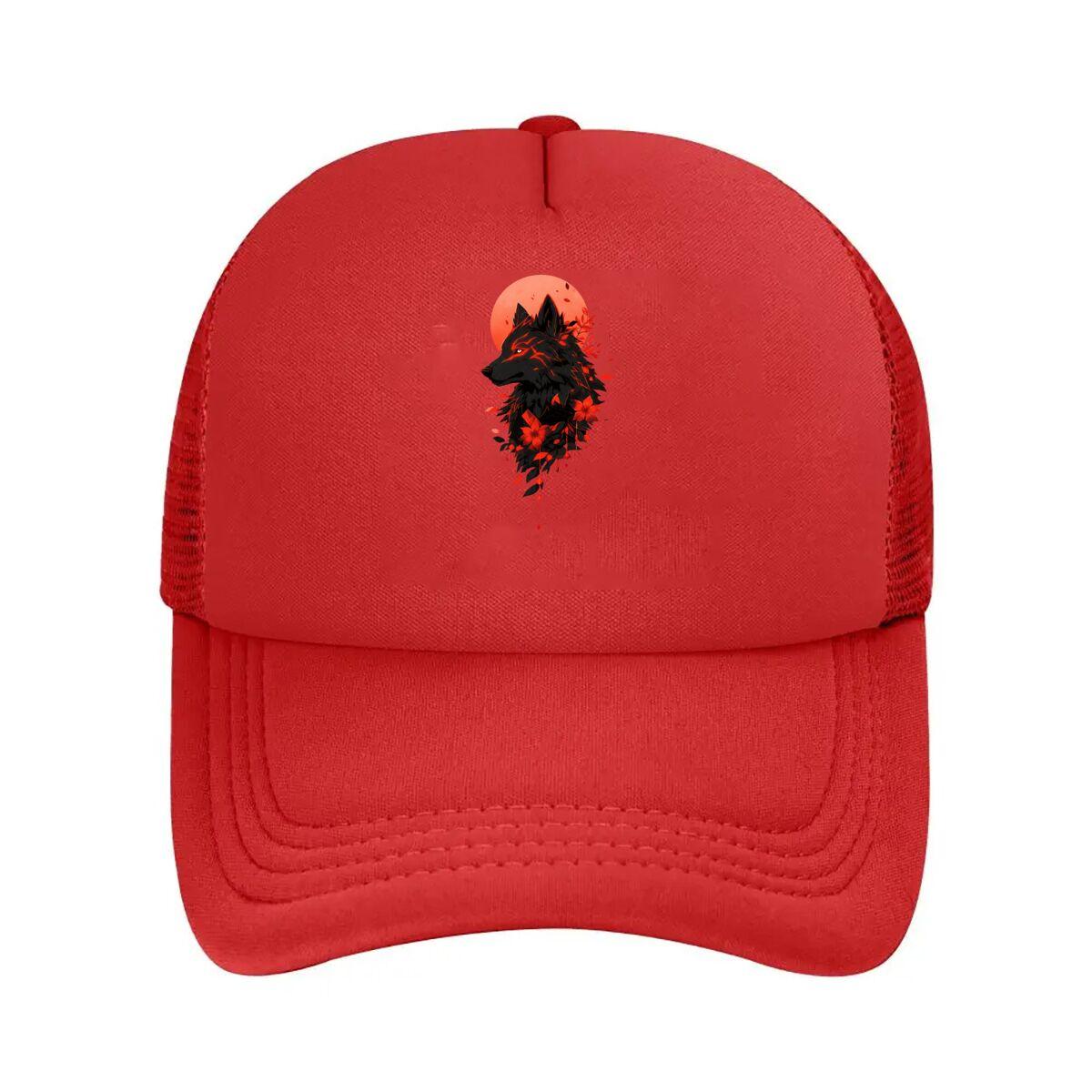 Black Wolf Red Moon Floral Gothic Illustration  Mesh Baseball Cap Hip Hop Adjustable