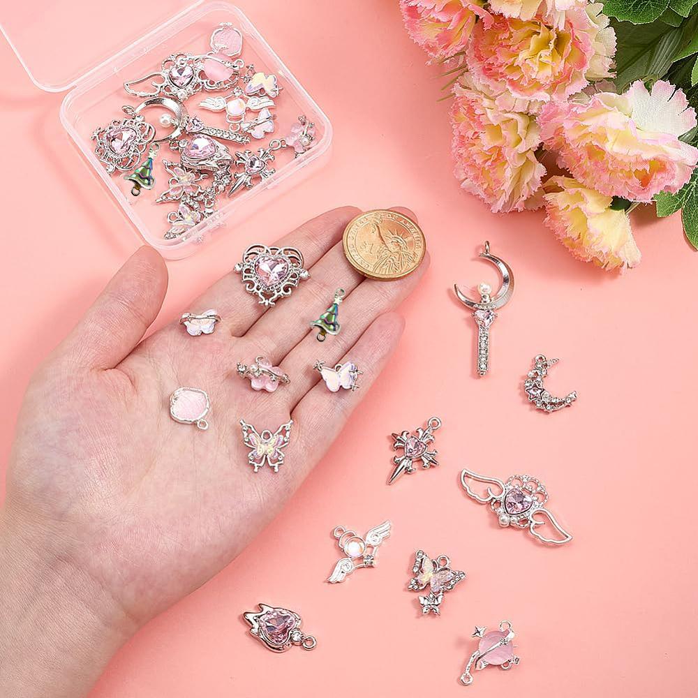 Alloy Resin & Glass Pendants & Connector Charm Findings Kits Mixed Shapes Pink 8~47x13~27mm 2pcs/style