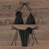 2Pcs/Set Women Bikini Set Lace-up Halter Padded Bra Swimming Trunks Set 3D Flower Decor Beach Style Swimwear