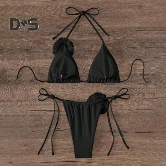 2Pcs/Set Women Bikini Set Lace-up Halter Padded Bra Swimming Trunks Set 3D Flower Decor Beach Style Swimwear