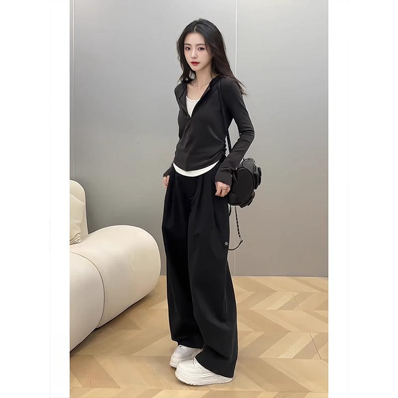 Waist pleated fake two-piece top women's spring semi-zipper irregular long-sleeved T-shirt design sense top tide
