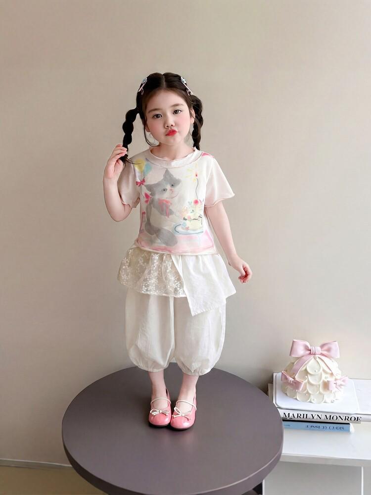Girls' Cat Print Short Sleeve Top & Mesh Lantern Pants Two-Piece Summer Set