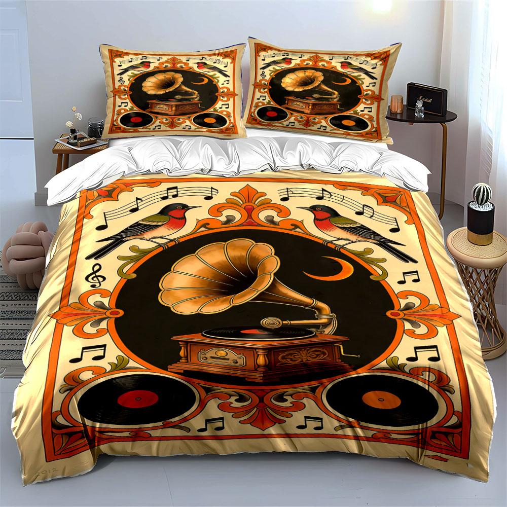 Gramophone, birds, records, notes. Bedding sets Duvet cover sets Duvet covers Pillowcases(1 * Duvet Cover 2 * Pillowcases without duvet insert)