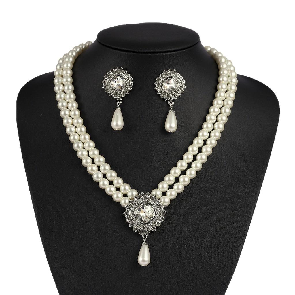 European-American French Style Beaded Choker Necklace with Imitation Pearl and Rhinestone Square Fashion Collar Jewelry Set