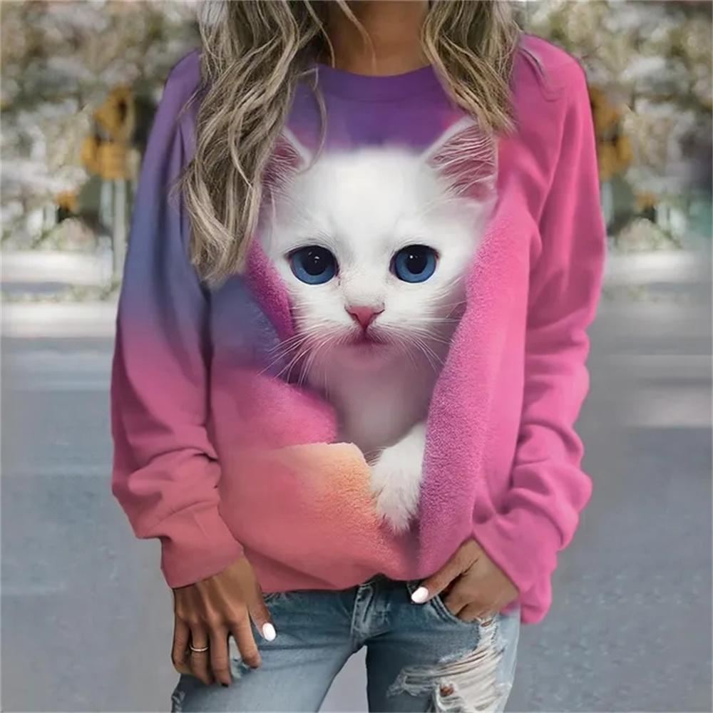 Jersey de manga larga para mujer, camiseta con estampado de gato a la moda en 3D, Jersey informal de calle para chica, suéter de cuello redondo, Top diario para mujer