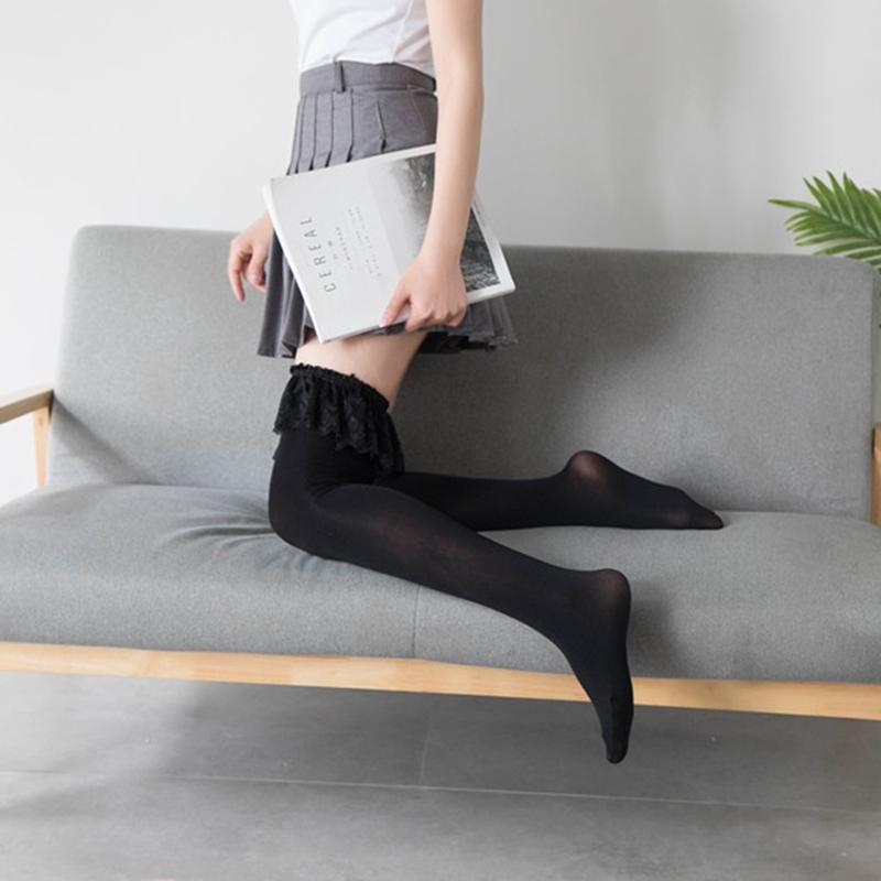 Sexy Solid Color Over The Knee Long Socks Women Thigh High Stockings Japanese Lolita Ruffles Lace Anime Cosplay Hosiery