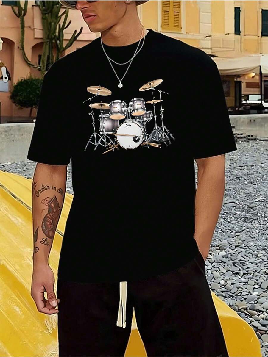 

Drum Set Graphic Music Band Tee , Men s 220gsm New Summer Casual Crew Neck Pure Cotton Short-Sleeved T-Shirt(1 PC) S разноцветный