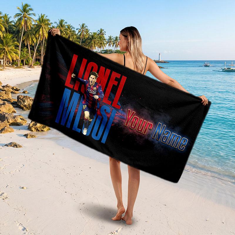 Lionel Messi Individuelles Strandtuch, Personalisierter Name Textdruck, Fußball Logo Weiches Schnelltrocknendes Handtuch Urlaubsgeschenk