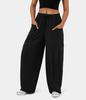 Women's Fashionable Elastic Waist Pleated Wide-leg Pocket High Waist Pants Casual Loose Trousers