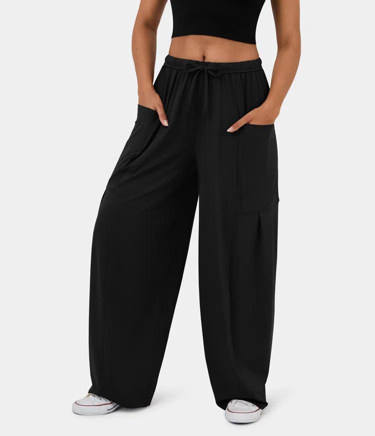 Women's Fashionable Elastic Waist Pleated Wide-leg Pocket High Waist Pants Casual Loose Trousers