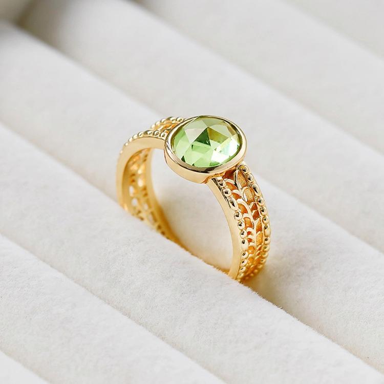 Mlluki Factory 925 Sterling Silver 14K Gold Plated Gemstone Retro Hollow Olive Emerald Ring