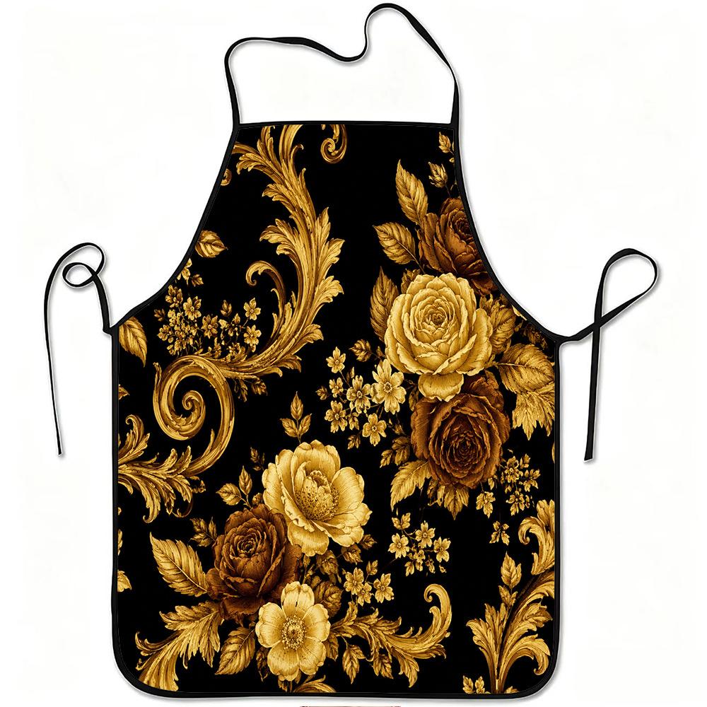 1pc Vintage Golden Floral Print Apron, Durable And Easy To Clean, Adjustable Waistband, Polyester Material, for Kitchen Cooking, Gardening, Orchard Pi